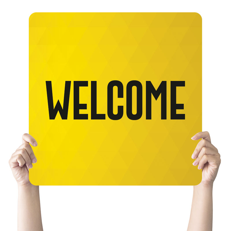 Handheld Signs, Welcome, Yellow Welcome Hand Held, 21 Square